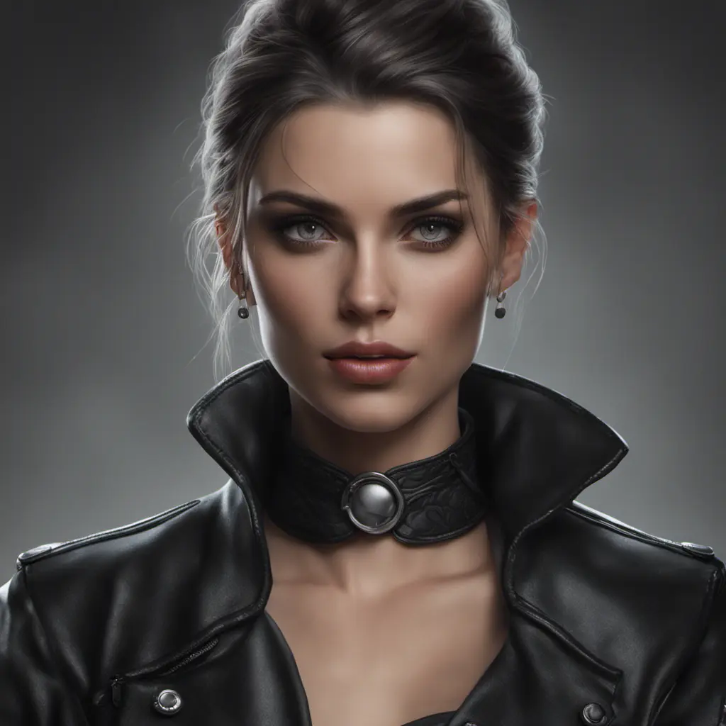 Alluring matte portrait of a beautiful A2 in black leather in the style of Stefan Kostic, 8k, Highly Detailed, Intricate, Half Body, Realistic, Sharp Focus, Volumetric Lighting, Fantasy, Elegant by WLOP