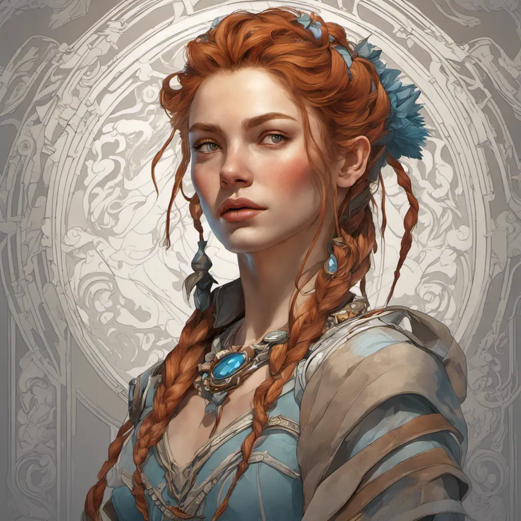 Alluring matte portrait of a beautiful Aloy, 8k, Highly Detailed, Intricate, Half Body, Realistic, Sharp Focus, Volumetric Lighting, Fantasy, Elegant by Alphonse Mucha