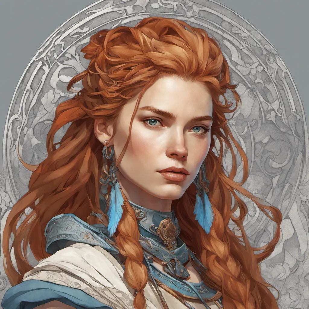 Alluring matte portrait of a beautiful Aloy, 8k, Highly Detailed, Intricate, Half Body, Realistic, Sharp Focus, Volumetric Lighting, Fantasy, Elegant by Alphonse Mucha