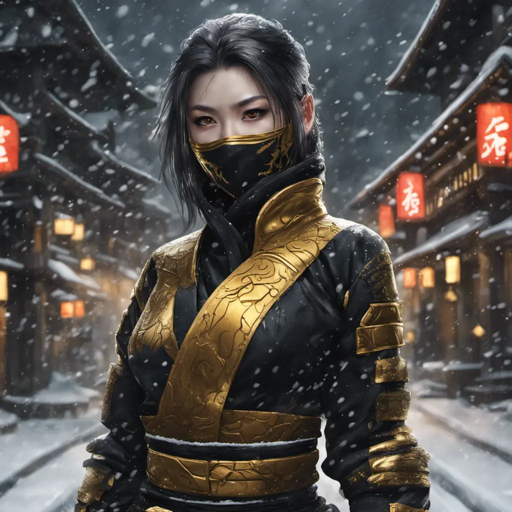 Mysterious beautiful armed kunoichi ninja wearing black and gold in the streets of dark snowy tokyo, 8k, Intricate Details, Trending on Artstation, Beautiful, Stunning, Centered by Stanley Artgerm Lau, WLOP