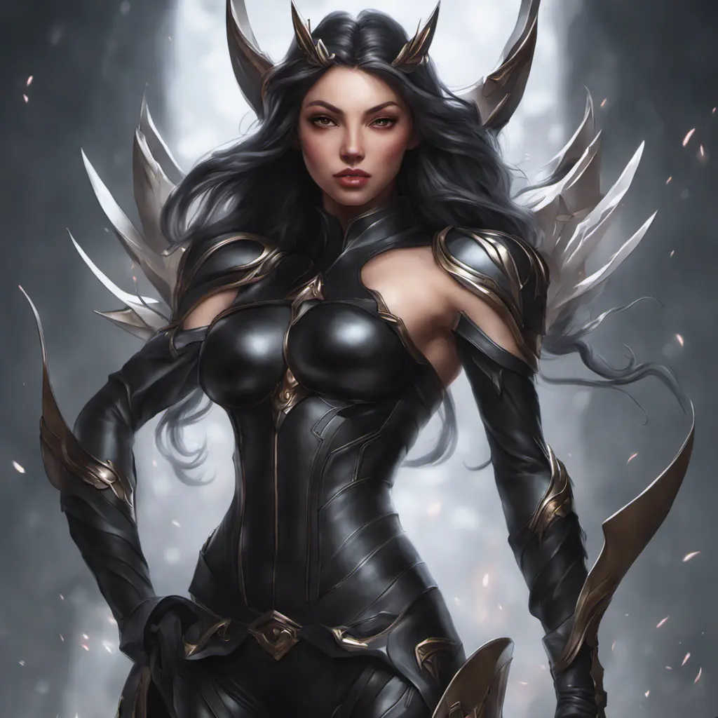 Alluring matte full body portrait of a beautiful Irelia wearing black leather, 8k, Highly Detailed, Intricate, Realistic, Sharp Focus, Volumetric Lighting, Fantasy, Elegant by Stanley Artgerm Lau, WLOP