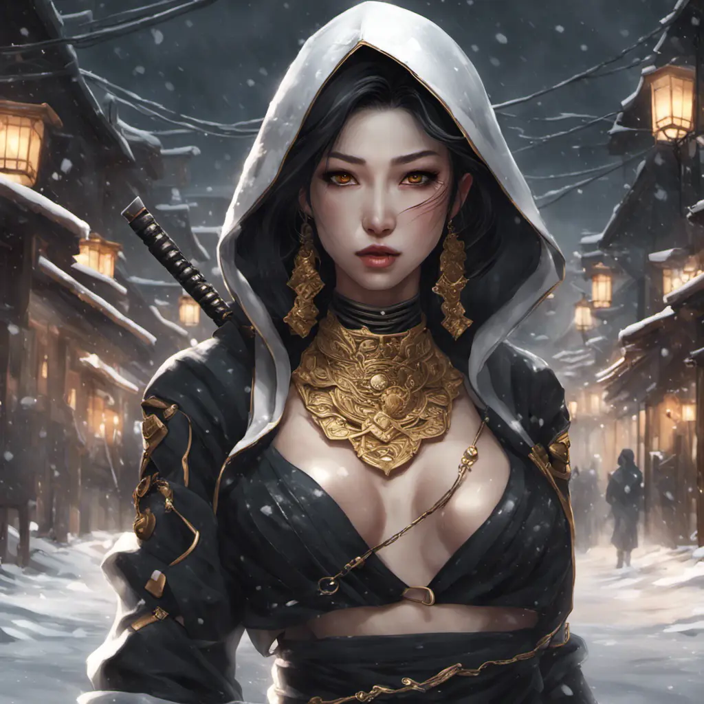 Mysterious beautiful armed kunoichi ninja wearing eyeliner and gold jewelry in the streets of a dark snowy town, 8k, Intricate Details, Trending on Artstation, Beautiful, Stunning, Centered by Stanley Artgerm Lau, WLOP