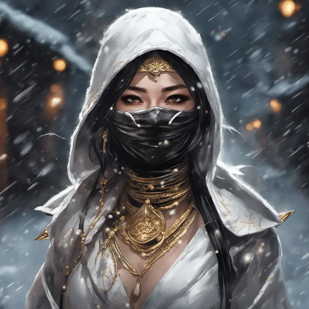 Alluring portrait of a mysterious beautiful masked kunoichi ninja wearing eyeliner and gold jewelry in the streets of a dark snowy town in moscow, fluid motion, 8k, Intricate Details, Trending on Artstation, Beautiful, Stunning by Stanley Artgerm Lau, WLOP