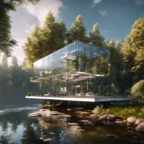 Beautiful futuristic architectural glass house in the forest on a large lake, 8k, Award-Winning, Highly Detailed, Beautiful, Epic, Octane Render, Unreal Engine, Radiant, Volumetric Lighting by Leonid Afremov