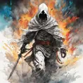 White Assassin emerging from a firey fog of battle, ink splash, Highly Detailed, Vibrant Colors, Ink Art, Fantasy, Dark by Studio Ghibli