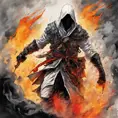 White Assassin emerging from a firey fog of battle, ink splash, Highly Detailed, Vibrant Colors, Ink Art, Fantasy, Dark by Vincent Di Fate