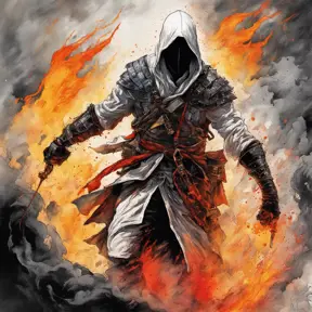 White Assassin emerging from a firey fog of battle, ink splash, Highly Detailed, Vibrant Colors, Ink Art, Fantasy, Dark by Vincent Di Fate
