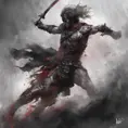 Achilles emerging from the fog of battle, Highly Detailed, Color Splash, Ink Art, Fantasy, Dark by WLOP