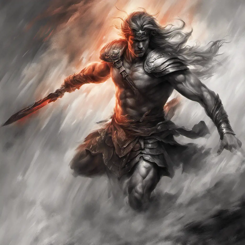 Achilles emerging from the fog of battle, Highly Detailed, Color Splash, Ink Art, Fantasy, Dark by Stanley Artgerm Lau, WLOP