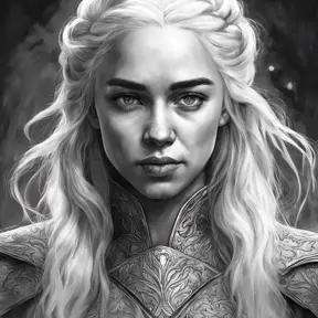 Black & White face portrait of Daenerys Targaryen, Highly Detailed, Intricate, Artstation, Beautiful, Digital Painting, Sharp Focus, Concept Art, Elegant