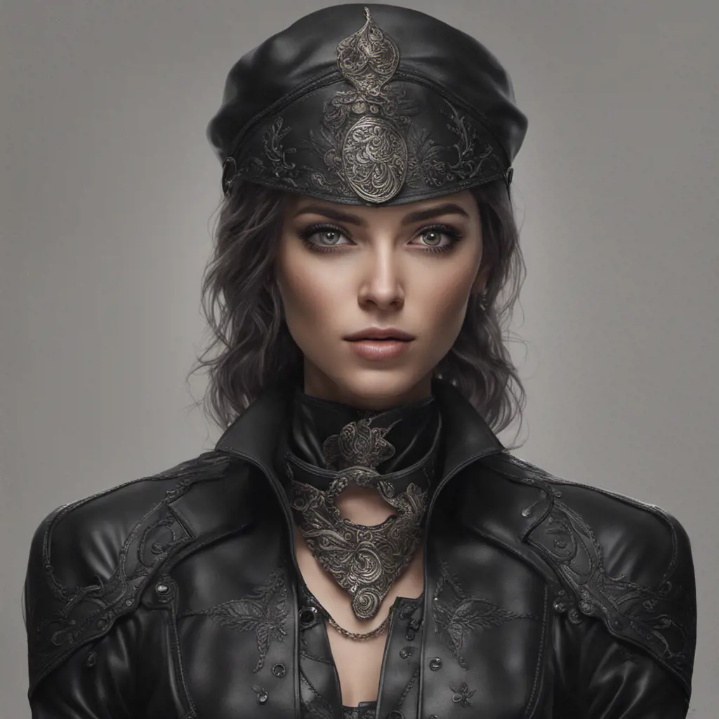 Alluring matte portrait of a beautiful A2 in black leather in the style of Stefan Kostic, 8k, Highly Detailed, Intricate, Half Body, Realistic, Sharp Focus, Volumetric Lighting, Fantasy, Elegant by WLOP