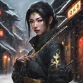 Mysterious beautiful armed kunoichi ninja wearing eyeliner and gold jewelry in the streets of a dark snowy town, 8k, Intricate Details, Trending on Artstation, Beautiful, Stunning, Centered by Stanley Artgerm Lau, WLOP
