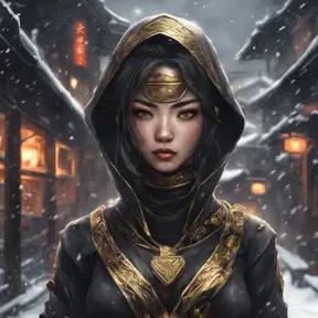 Mysterious beautiful armed kunoichi ninja wearing eyeliner and gold jewelry in the streets of a dark snowy town, 8k, Intricate Details, Trending on Artstation, Beautiful, Stunning, Centered by Stanley Artgerm Lau, WLOP