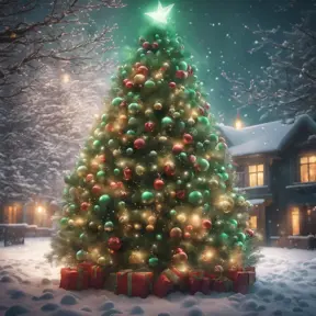 A large green christamas tree in snow lit full of christmas decorations, 8k, Highly Detailed, Digital Painting, Photo Realistic, Sharp Focus, Octane Render, Unreal Engine, Volumetric Lighting