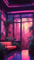 A beautiful render of city sunroom by georgia o'keeffe, galactic alien synthwave rainforest noir thermal imaging myst uv light, flowers, Highly Detailed, Digital Painting, Cinematic Lighting, Neon, Concept Art