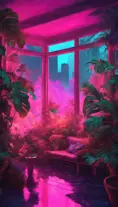 A beautiful render of city sunroom by georgia o'keeffe, galactic alien synthwave rainforest noir thermal imaging myst uv light, flowers, Highly Detailed, Digital Painting, Cinematic Lighting, Neon, Concept Art