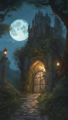A beautiful digital illustration painting of a detailed gothic fantasy fireflies forest trees and iron gate cobblestone pathway vines full moon, 8k, Artstation, Digital Illustration, Concept Art by Justin Gerard, James Gurney