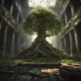 A Tree Of Life growing in the middle of overgrown ancient ruins indoors., 4k resolution, Hyper Detailed, Trending on Artstation, Volumetric Lighting, Concept Art, Digital Art, Fantasy, Dark by Greg Rutkowski