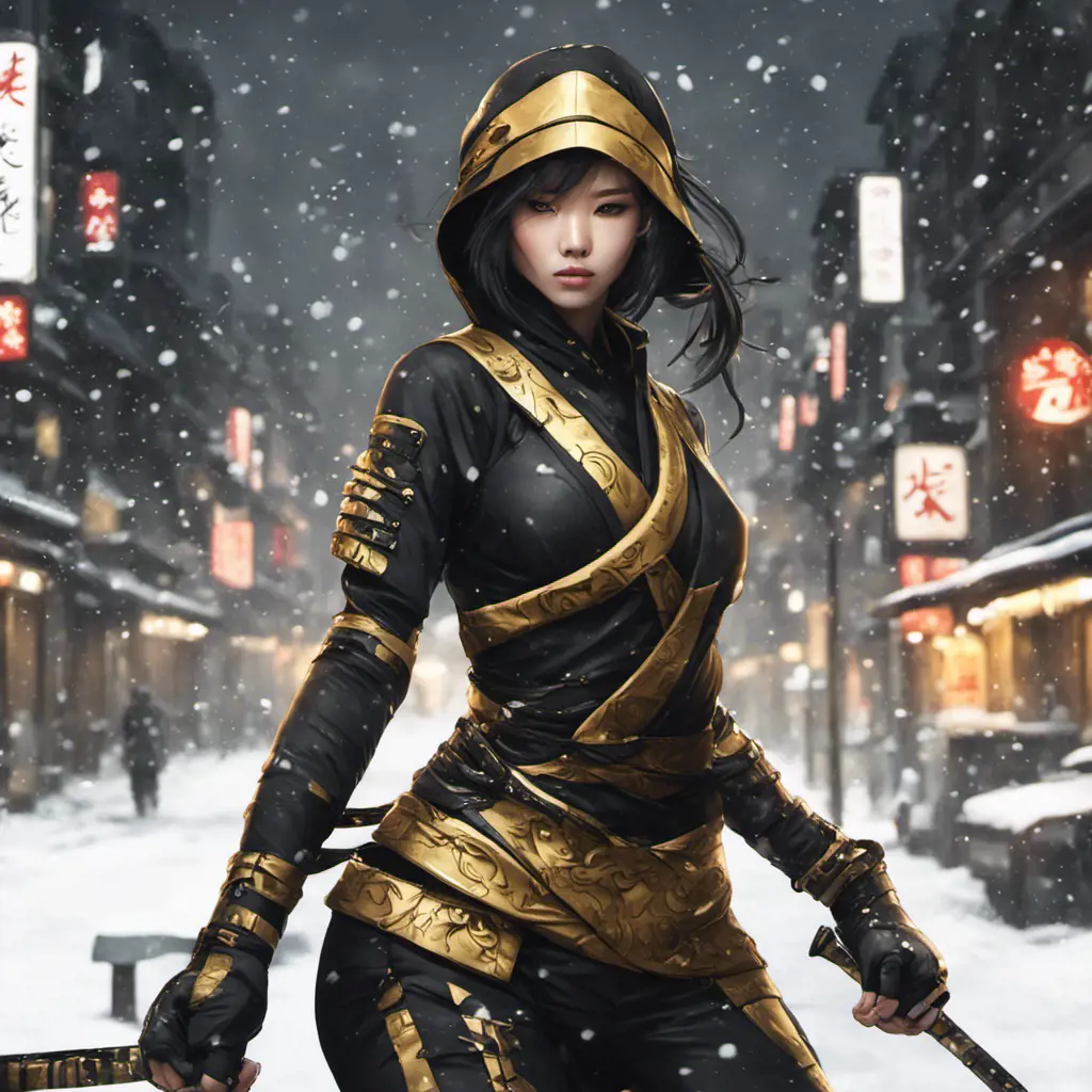 Mysterious beautiful armed kunoichi ninja wearing black and gold in the streets of dark snowy tokyo, 8k, Intricate Details, Trending on Artstation, Beautiful, Stunning, Centered by Stanley Artgerm Lau, WLOP