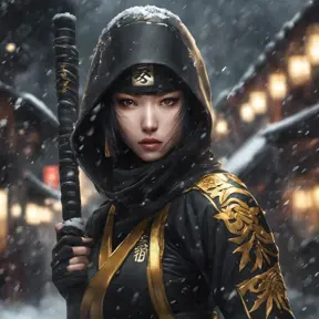 Mysterious beautiful armed kunoichi ninja wearing black and gold in the streets of dark snowy tokyo, 8k, Intricate Details, Trending on Artstation, Beautiful, Stunning, Centered by Stanley Artgerm Lau, WLOP