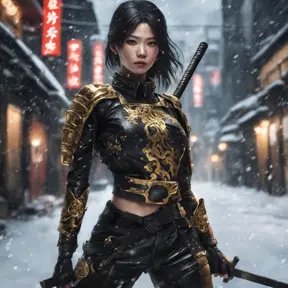 Mysterious beautiful armed kunoichi ninja wearing black leather and gold in the streets of dark snowy tokyo, 8k, Intricate Details, Trending on Artstation, Beautiful, Stunning, Centered by Stanley Artgerm Lau, WLOP