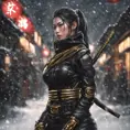 Mysterious beautiful armed kunoichi ninja wearing black leather and gold in the streets of dark snowy tokyo, 8k, Intricate Details, Trending on Artstation, Beautiful, Stunning, Centered by Stanley Artgerm Lau, WLOP