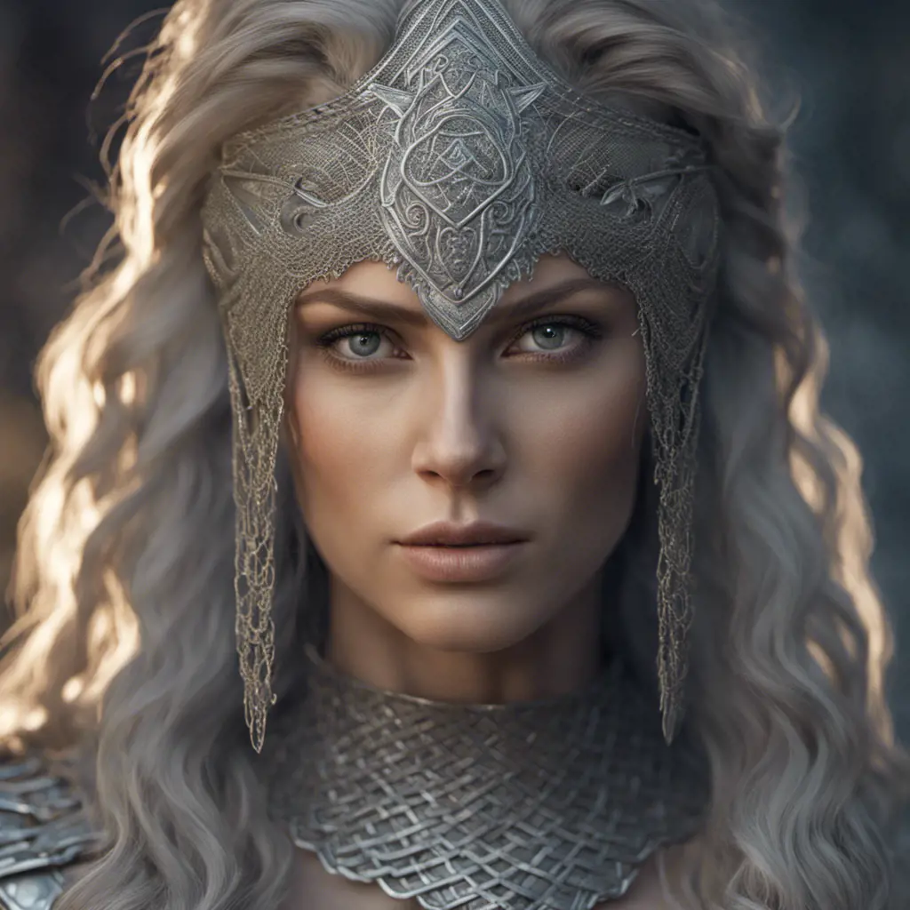 Alluring highly detailed matte portrait of beautiful norse goddess wearing chainmail in the style of Stefan Kostic, 8k, High Definition, Highly Detailed, Intricate, Half Body, Realistic, Sharp Focus, Fantasy, Elegant