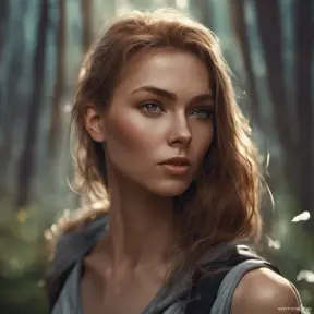 Closeup of a gorgeous female in a forest in the style of stefan kostic, 8k, High Definition, Digital Illustration, Bokeh effect, Photo Realistic, Sharp Focus by WLOP