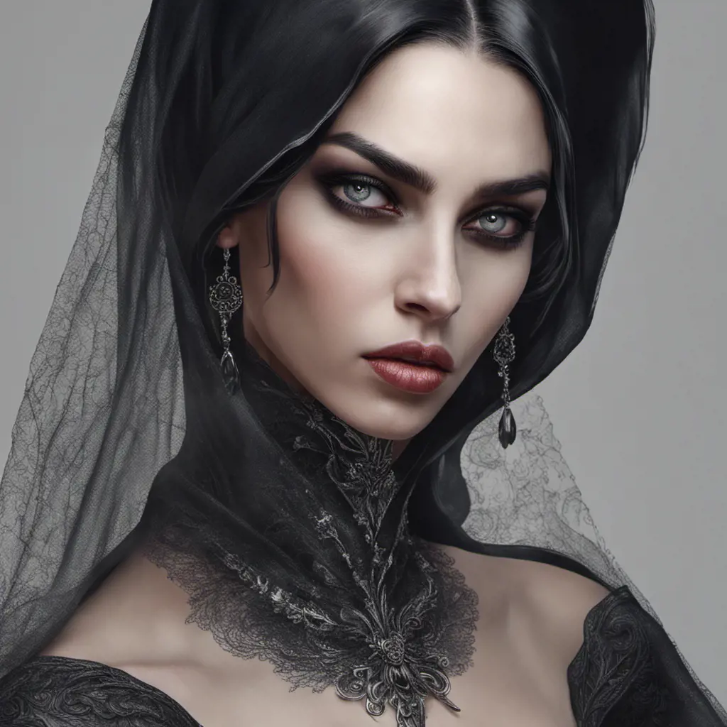 Alluring portrait of a beautiful raven black-haired veiled & caped vampire with sharp features and piercing eyes in the style of Stefan Kostic, 8k, High Definition, Highly Detailed, Intricate, Half Body, Realistic, Sharp Focus, Fantasy, Elegant