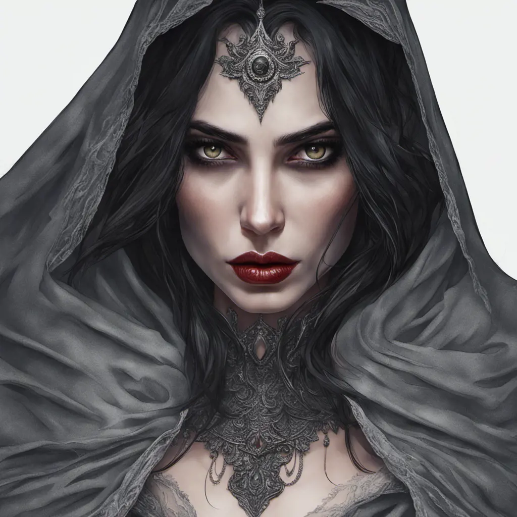 Alluring portrait of a beautiful raven black-haired veiled & caped vampire with sharp features and piercing eyes in the style of Stefan Kostic, 8k, High Definition, Highly Detailed, Intricate, Half Body, Realistic, Sharp Focus, Fantasy, Elegant