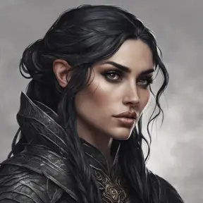 Alluring highly detailed matte portrait of a beautiful raven black haired half elf in the style of Stefan Kostic, 8k, High Definition, Highly Detailed, Intricate, Half Body, Realistic, Sharp Focus, Fantasy, Elegant