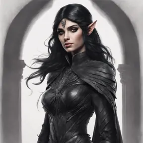 Alluring highly detailed matte portrait of a beautiful raven black haired half elf in the style of Stefan Kostic, 8k, High Definition, Highly Detailed, Intricate, Half Body, Realistic, Sharp Focus, Fantasy, Elegant