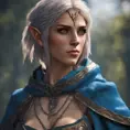 Alluring highly detailed matte close-up portrait of beautiful elf shani from witcher 3 wearing chainmail bikini and a blue cloak, 8k, High Definition, Highly Detailed, Intricate, Half Body, Realistic, Sharp Focus, Fantasy, Elegant