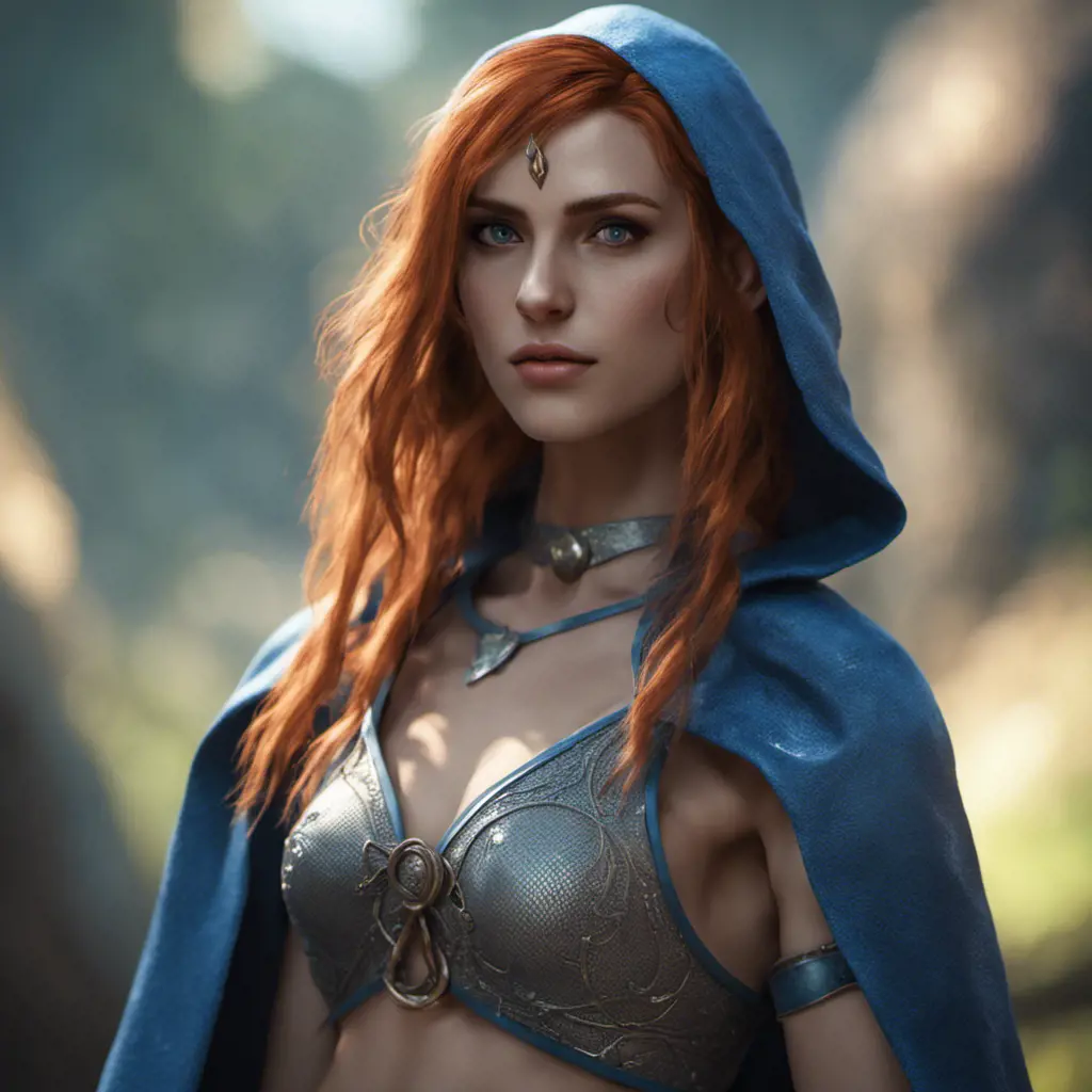 Alluring highly detailed matte close-up portrait of beautiful elf shani from witcher 3 wearing chainmail bikini and a blue cloak, 8k, High Definition, Highly Detailed, Intricate, Half Body, Realistic, Sharp Focus, Fantasy, Elegant