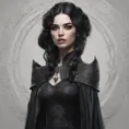 Alluring portrait of a beautiful gothic black haired caped witch in the style of Stefan Kostic, 8k, High Definition, Highly Detailed, Intricate, Half Body, Realistic, Sharp Focus, Fantasy, Elegant