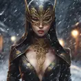 Alluring portrait of a mysterious beautiful masked kunoichi ninja wearing eyeliner and gold jewelry in the streets of a dark snowy town in moscow, fluid motion, 8k, Intricate Details, Trending on Artstation, Beautiful, Stunning by Stanley Artgerm Lau, WLOP