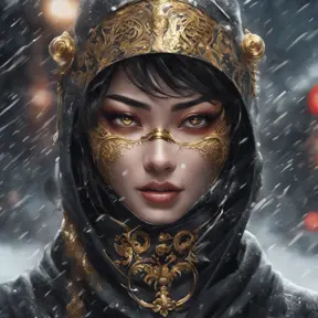 Alluring portrait of a mysterious beautiful masked kunoichi ninja wearing eyeliner and gold jewelry in the streets of a dark snowy town in moscow, fluid motion, 8k, Intricate Details, Trending on Artstation, Beautiful, Stunning by Stanley Artgerm Lau, WLOP