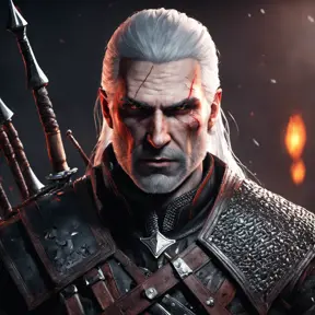 Geralt as a rouge assassin in The Witcher 3 Style, 4k, Highly Detailed, Beautiful, Cinematic Lighting, Sharp Focus, Volumetric Lighting, Closeup Portrait, Concept Art
