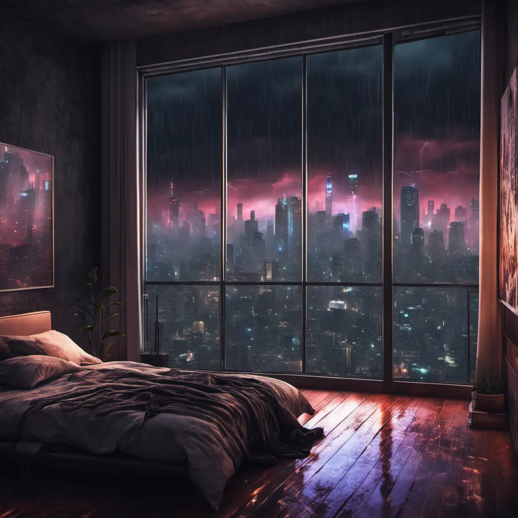 Beautiful cozy bedroom with floor to ceiling glass windows overlooking a cyberpunk city at night, thunderstorm outside with torrential rain, High Resolution, Highly Detailed, Darkwave, Gloomy