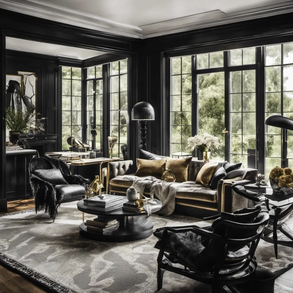 Interior architectural hi-res editorial award photo living room with a small glass wall, victorian coastal Villa inspired by the old town, in Hamptons, black and gold toned, High Resolution, Highly Detailed, Intricate Details, Photo Realistic, Natural Light