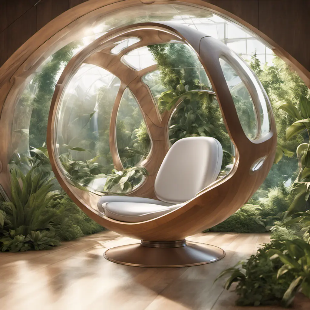 Futuristic sci-fi pod chair, Flat Design, Product-View, transparent orb, product photography, plants, natural wooden environment, 8k, Sci-Fi, Natural Light