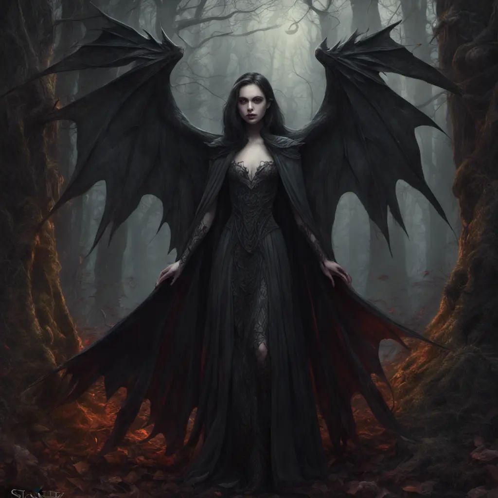 Winged vampire in a haunted forest, Highly Detailed, Intricate, Gothic, Volumetric Lighting, Fantasy, Dark by Stanley Artgerm Lau