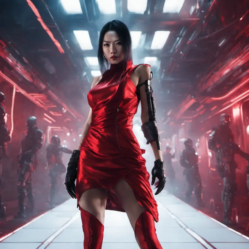 A fierce armed asian assassin in silk red dress at a high tech nightclub, Cyberpunk, Sci-Fi, Photo Realistic