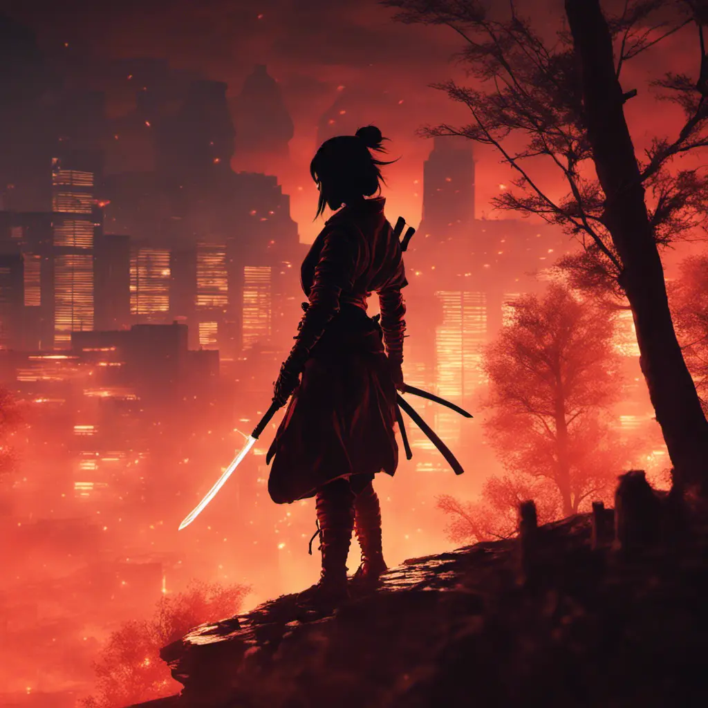 Silhouette of a samurai female assassin in the style of Fire watch, 8k, Dystopian, Trending on Artstation, Volumetric Lighting