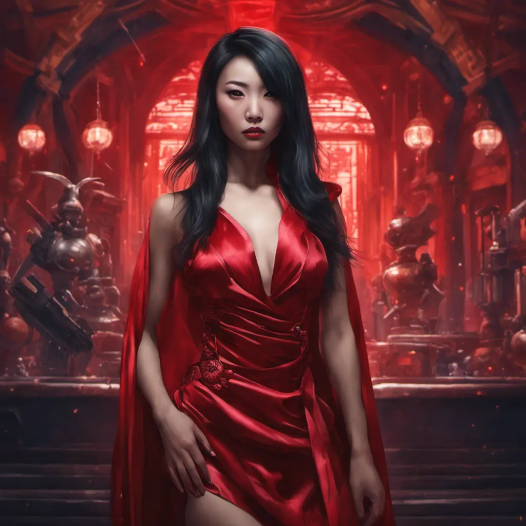 A dangerously armed asian feme fatale in silk red dress at a masquerade ball, Cyberpunk, Sci-Fi, Photo Realistic