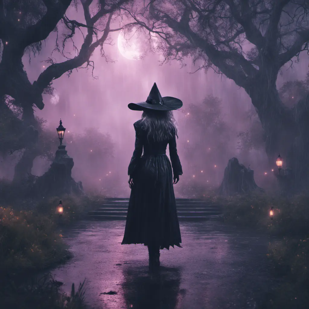 Enigmatic witch in rain standing in a spellbound park, 8k, Sci-Fi, Fantasy