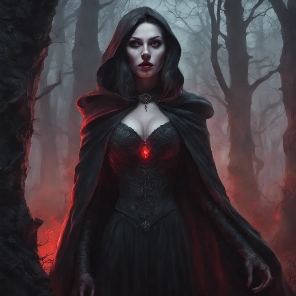 Female dracula in a haunted forest, Highly Detailed, Intricate, Gothic, Volumetric Lighting, Fantasy, Dark by Stanley Artgerm Lau