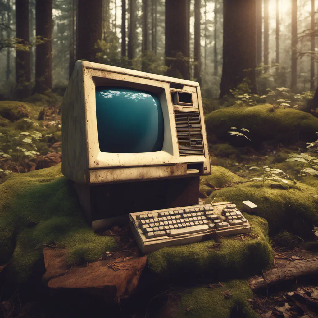 Retro Macintosh desktop computer abandoned in the woods, shot on leica, Unreal Engine, Dynamic Lighting, Volumetric Lighting