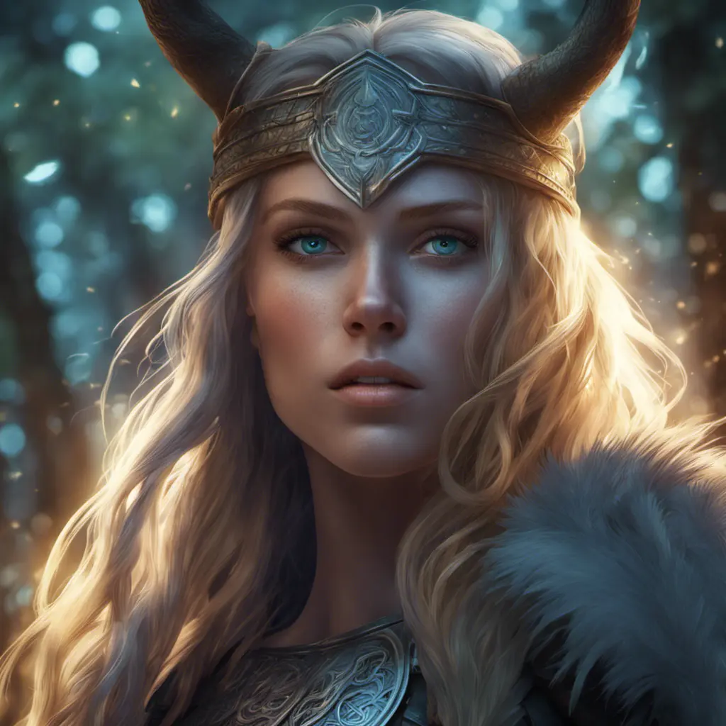 Closeup of a beautiful female viking in a magical forest, 4k, Highly Detailed, Masterpiece, Pretty Face, Digital Illustration, Cinematic Lighting, Realistic, Sharp Focus, Centered, Beautifully Lit, Bioluminescent by Stanley Artgerm Lau