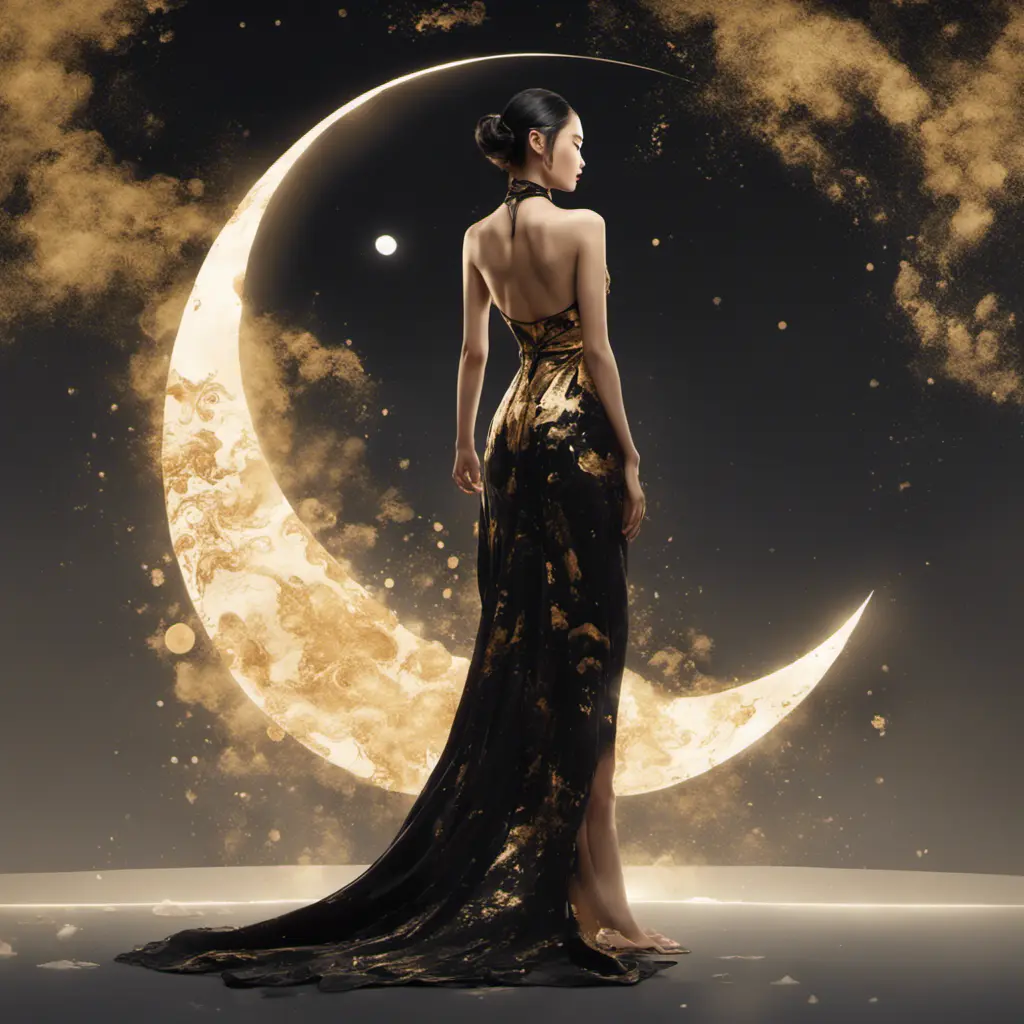 Full body back of an Asian goddess in a black and gold backless dress holding a fan in one hand. A fantastically large moon background, detailed gorgeous face, natural skin, fire and ice, splatter, black ink, liquid melting, dreamy, glowing, glamour, glimmer, shadows, ominous, golden ratio, production cinematic character render, ultra high quality model, 8k, Highly Detailed, Intricate, Masterpiece, Oil on Canvas, Sharp Focus, Smooth, Unreal Engine, Glamour Shot, Vibrant Colors, Ominous